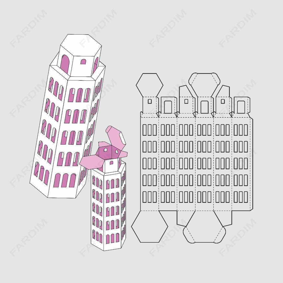 طرح قالب دایکات بسته بندی فانتزی طرح برج پیزا کد 262