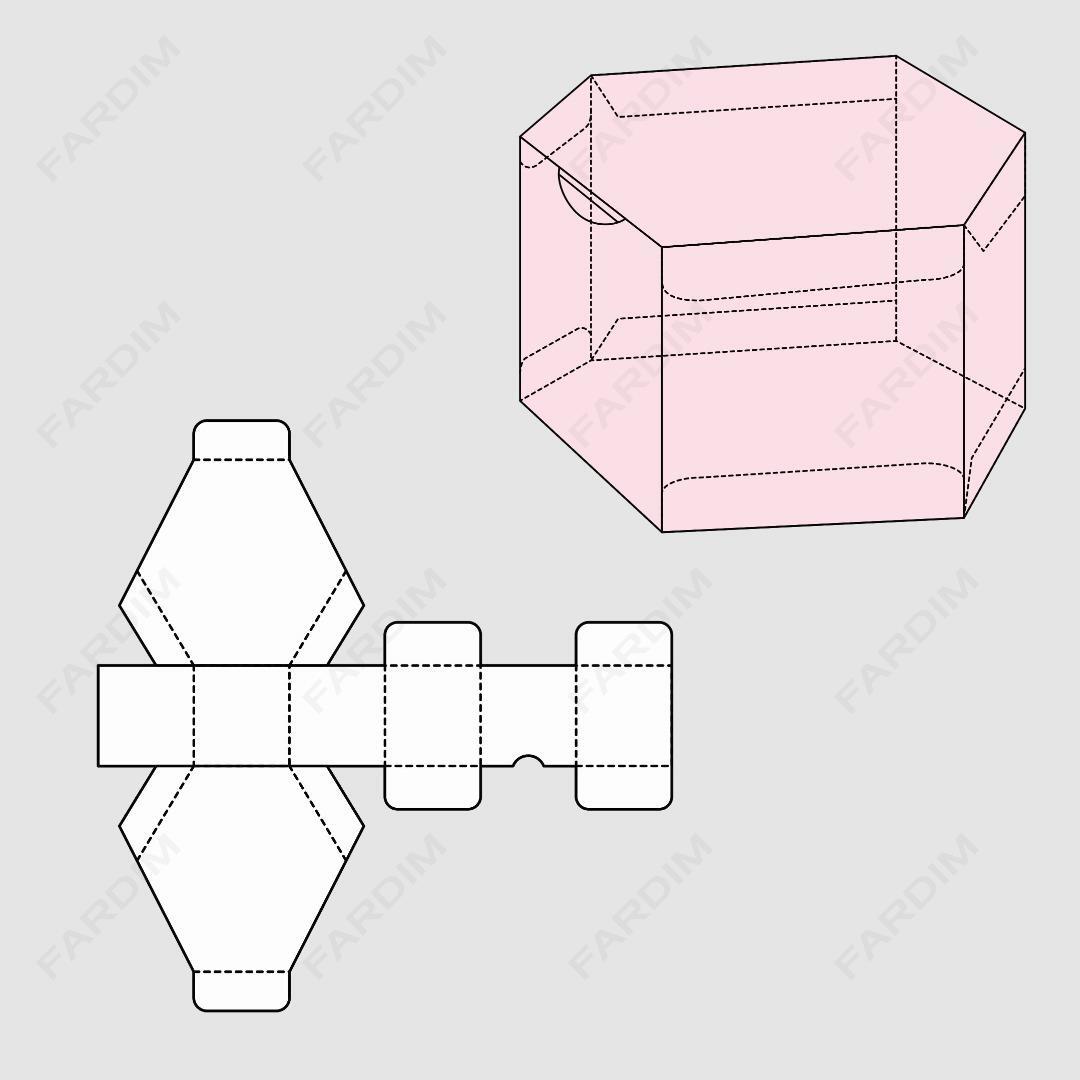 قالب دایکات جعبه و طرح بسته بندی کارتن گیفت باکس شش وجهی لبه دار کد 130