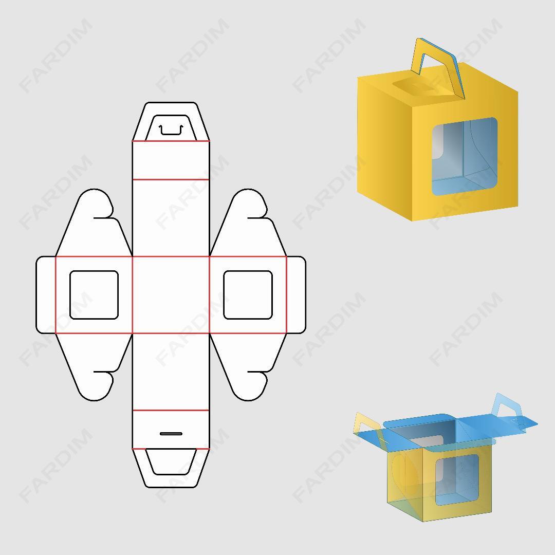 قالب دایکات جعبه و طرح بسته بندی کارتن دسته دار پنجره ای سفارشی کد 239